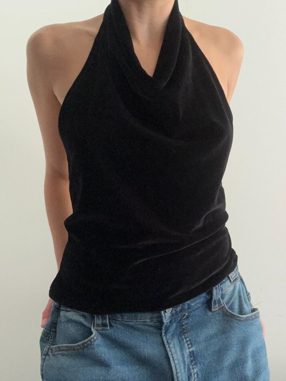 Vintage Black Velvet Halter Top Low Back Tank Top